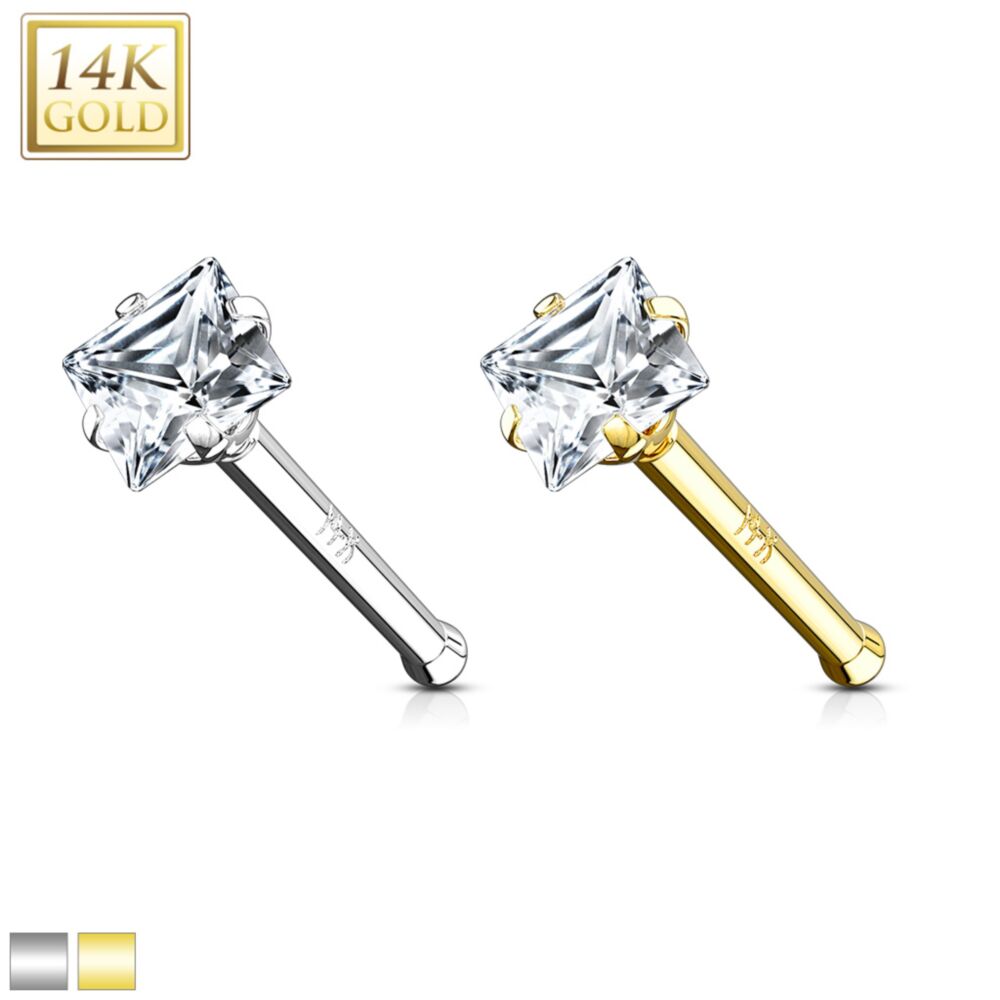14KT Gold 14Kt. Gold Nose Stud Ring with Prong Set Square CZ