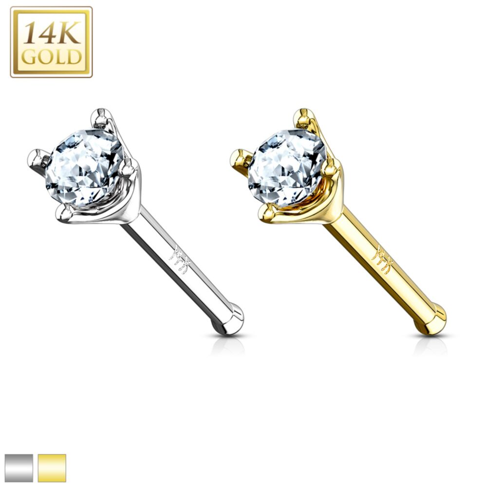 14KT Gold Clear 1.5mm Prong Set CZ Nose Stud Ring 14 Karat Solid Gold