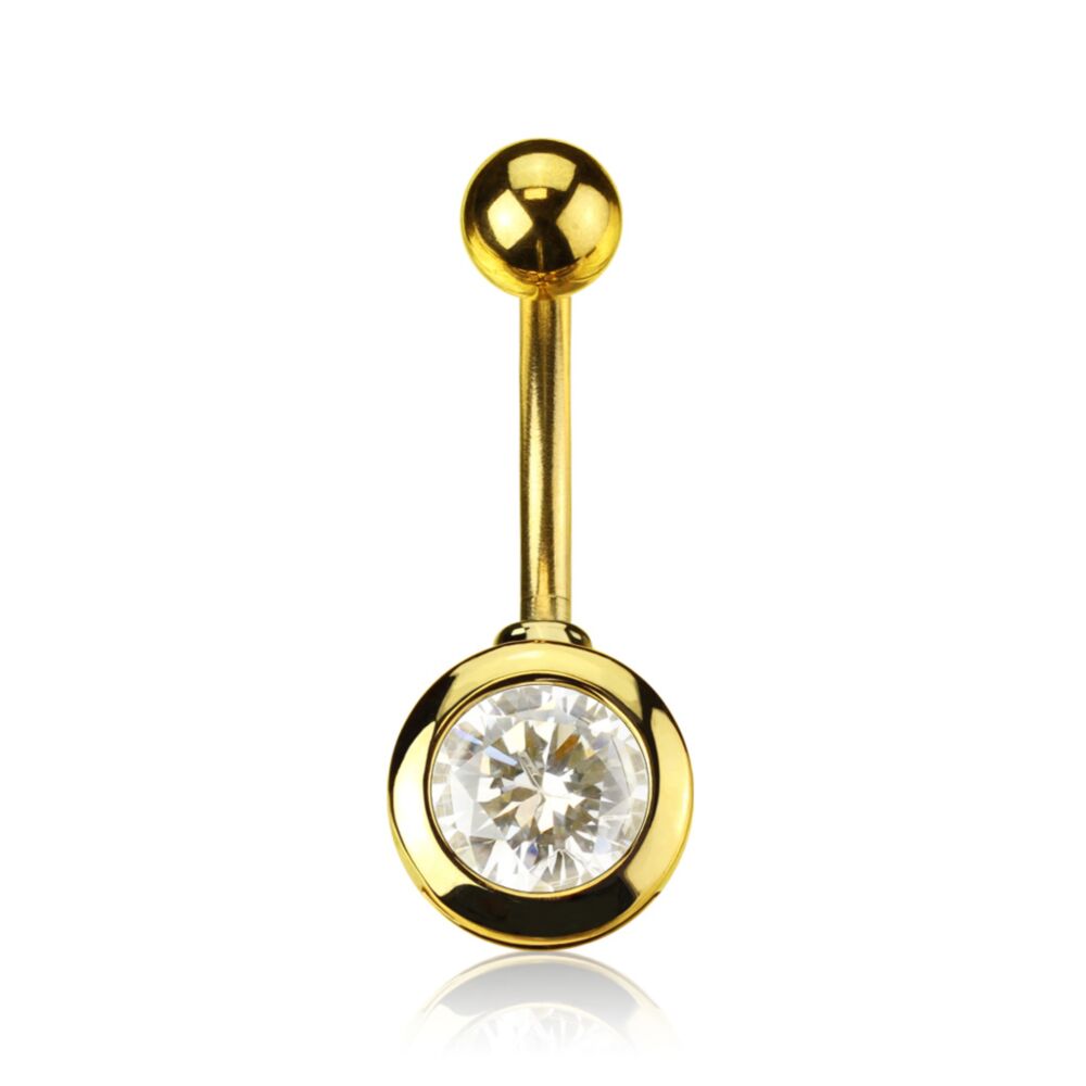 316L Surgical Steel 7mm Round CZ 14kt Gold Plated Navel Ring