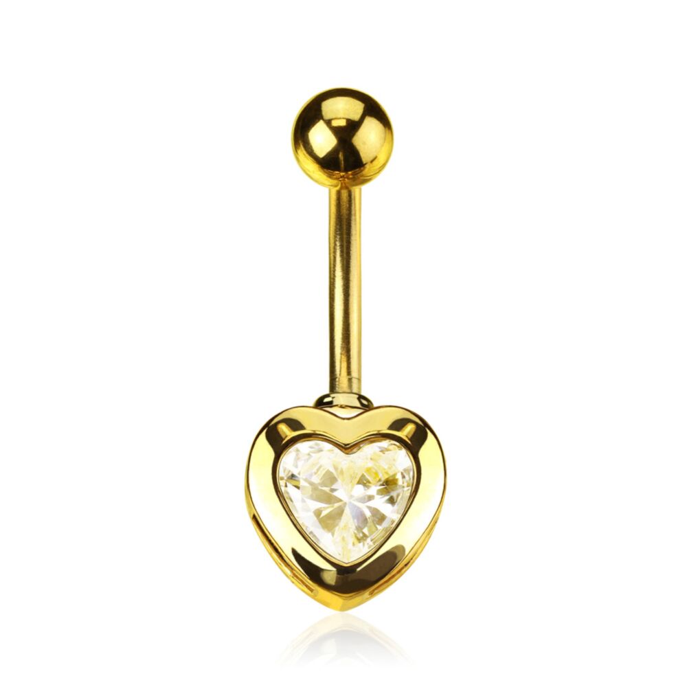316L Surgical Steel Heart CZ 14kt Gold Plated Navel Ring