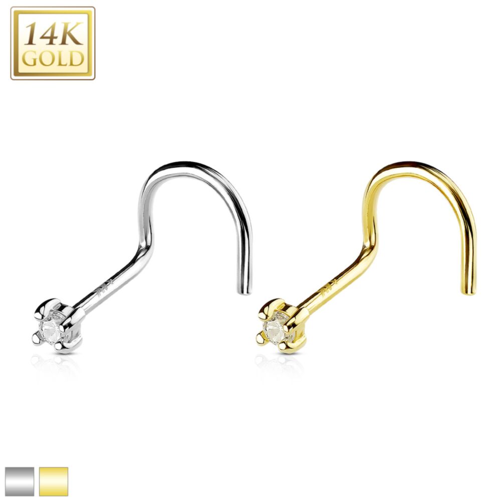 14KT Gold Clear 2mm Prong Set CZ with 14 Karat Solid Gold Nose Screw Ring