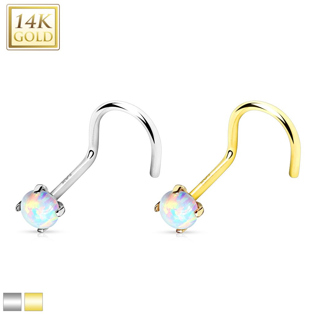 14KT Gold Prong Set Opal Stone Top 14K Gold Nose Screw