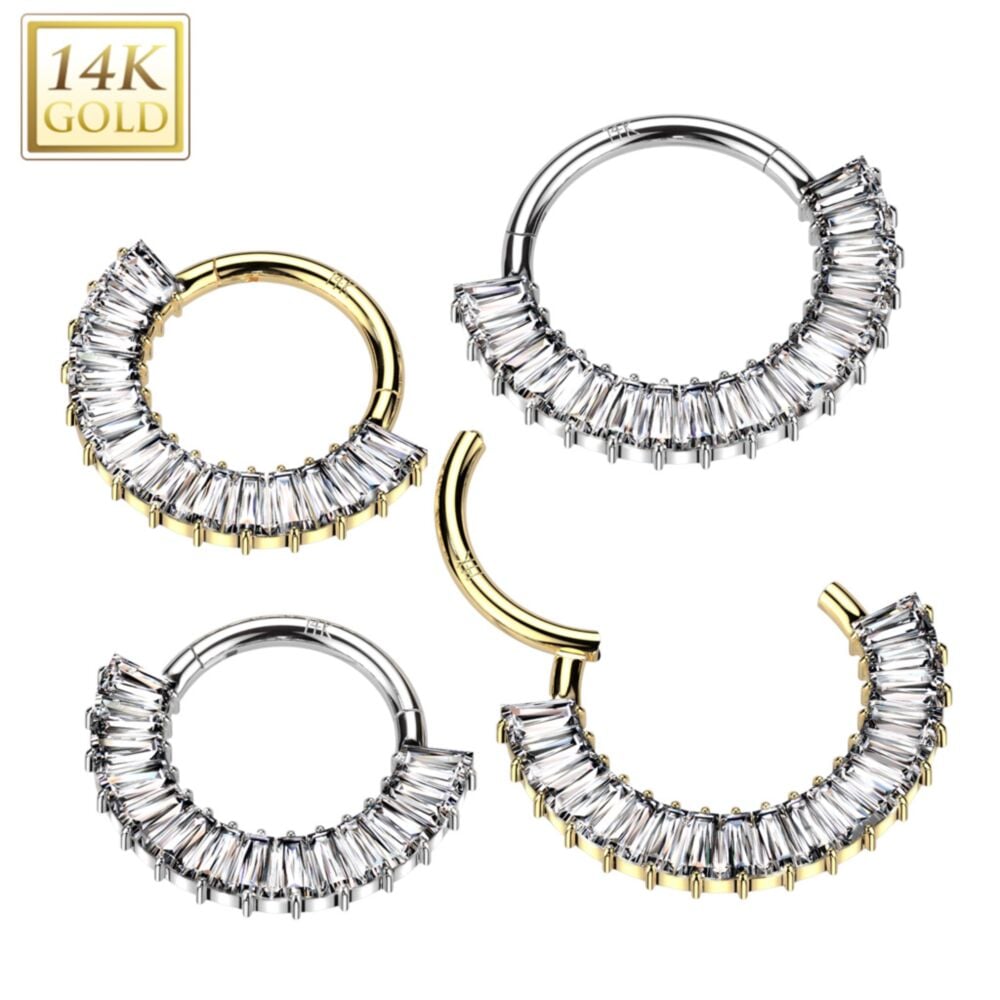14KT Gold 14K Gold Hinged Segment Hoop Ring Lined With 14 Baguette Cut CZ