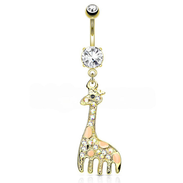 316L Surgical Steel Giraffe Dangle Multi CZ Paved Belly Button Ring
