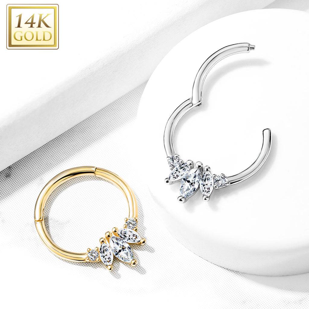 14KT Gold 14K Gold Three Marquise CZ with Round CZ Hinged Hoop Rings...
