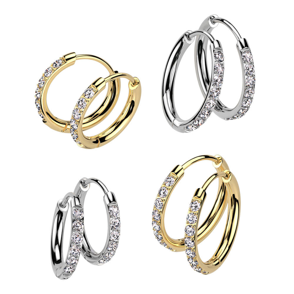 316L Surgical Steel Pair of 316L Stainless Steel Hoop Earrings With CZ Pave