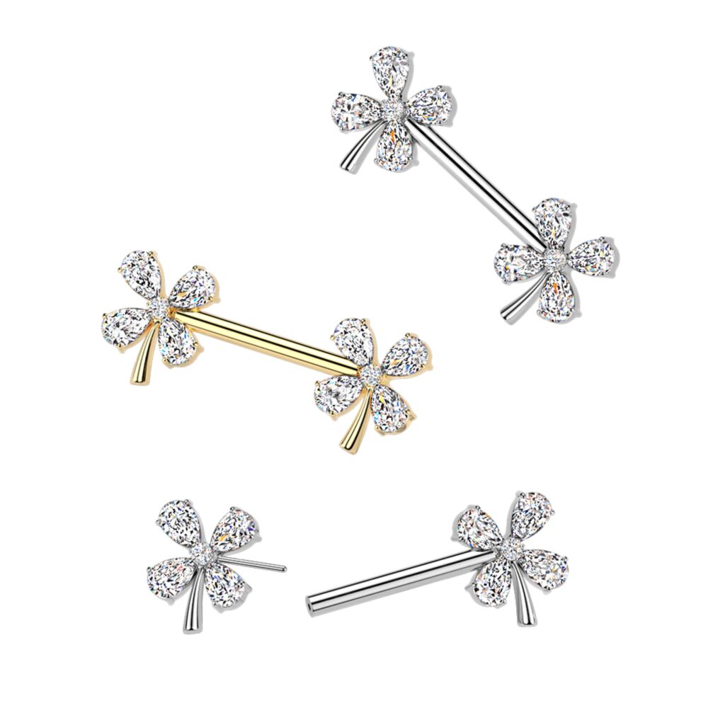 316L Surgical Steel 316L Threadless Push In CZ 4 Leaf Clover Nipple Barbell