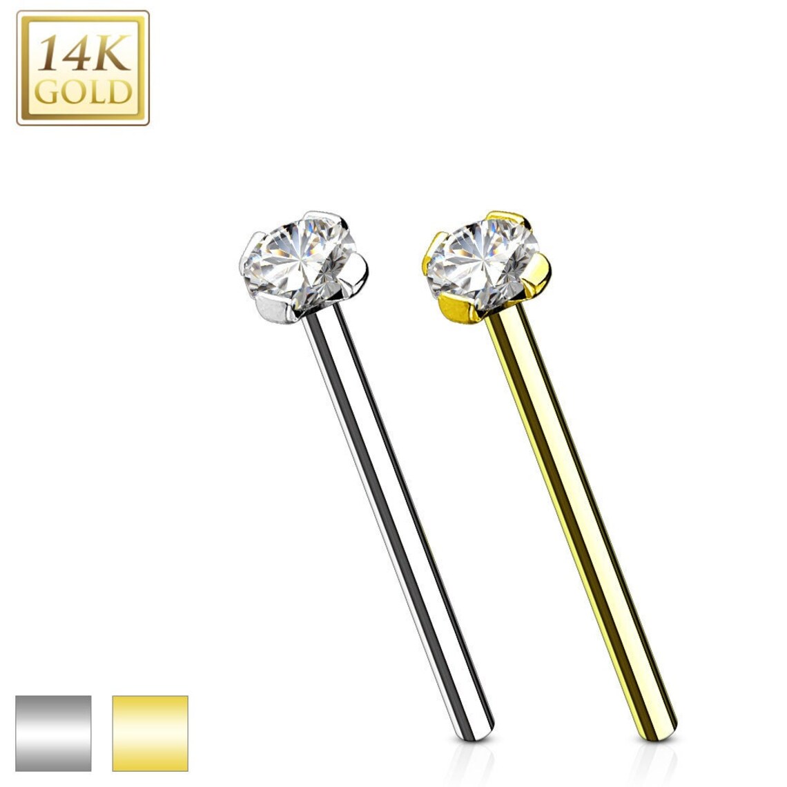 14KT Gold 16mm Prong Set CZ Top 14 Karat Solid Gold Fish Tail Nose Ring