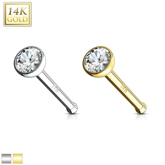 14KT Gold Bezel Set Clear 2mm CZ Ball Nose Stud Ring 14 Karat Solid Gold