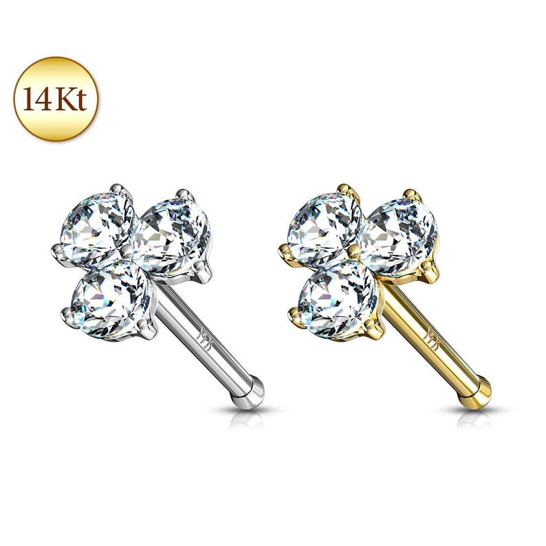14KT Gold Three Prong Set Round CZ Triangle Nose Stud Ring 14 Karat...