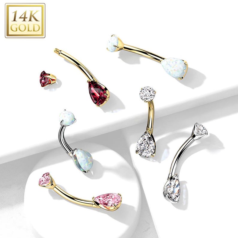 14K Gold Prong Set Round Top and Teardrop Opal or CZ Belly Button Navel Rings