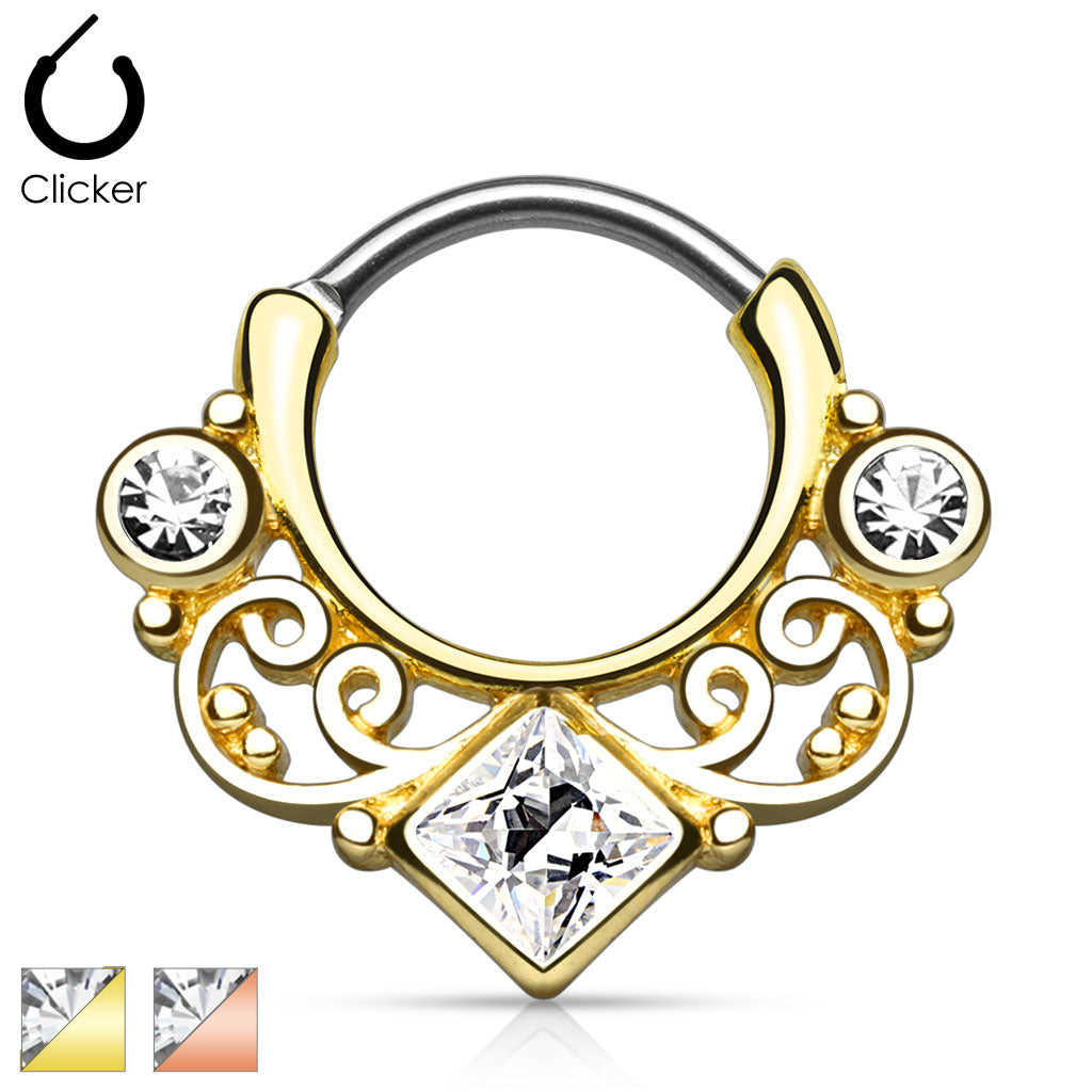316L Surgical Steel Lace Swirl Gem w/ Square CZ Center Gold IP Septum...