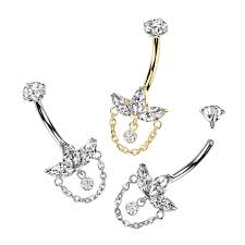 Implant Grade Titanium Internally Threaded 3 Marquise CZ Leaf Belly Button Ring With CZ And Chain Dangle