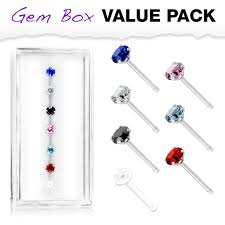 Prong Set Round Mixed Color CZ 316L Surgical Steel Nose Stud Rings Gem Box