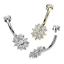 Implant Grade Titanium Internally Threaded CZ Cluster Flower With Round CZ Prong Set Top Belly Button Ring
