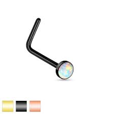 White Opal Set Flat Top PVD Over 316L Surgical Steel "L" bend Nose Stud...