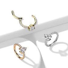 Implant Grade Titanium Hinged Segment Hoop Ring With Teardrop CZ Center and Pave CZ Sides