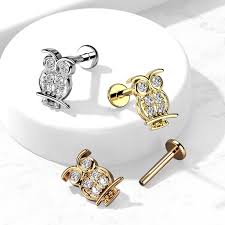 CZ Paved Owl Top on Internally Threaded 316L Surgical Steel Flat Back...
