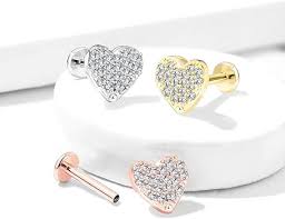CZ Paved Curved Heart Top Internally Threaded 316L Surgical Steel...