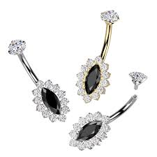 Implant Grade Titanium Internally Threaded CZ Marquise Belly Button Ring With CNC CZ Pave Edge