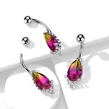 316L Surgical Steel Rainbow Effect Pear Crystal With CZ Prong Set Belly...