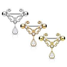Pack CZ Set Heart Filigree with Tear Drop CZ Dangle 316L Surgical Steel Nipple Rings