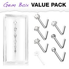 L Bend Prong Set CZ 316L Surgical Steel Nose Stud Rings Gem Box
