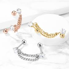 Double Chain Linked Prong Set CZ Cartilage Barbells 316L Surgical Steel