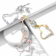 Belly Button Ring Double Jeweled Prong Set With Enamel Flowers and...