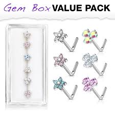 CZ Flower and 3 Prong Set CZ Top 316L Surgical Steel L Bend Nose Stud Rings Gem Box