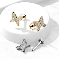 CZ Paved Butterfly Top on Internally Threaded 316L Surgical Steel Flat...