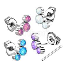 1pc Implant Grade Titanium Threadless Push In 3 Round Bezel Set Opal Curve Top Earring Stud