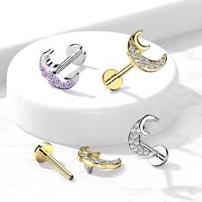 CZ Paved Crescent Moon Internally Threaded 316L Surgical Steel Flat...