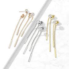 316L Surgical Steel Pair of 6mm Bezel Set CZ with Free Falling Chain...