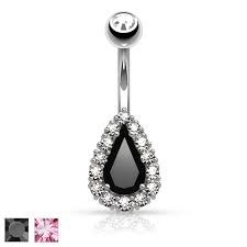 316L Surgical Steel Round CZ Paved Around Prong Set Tear Drop CZ Belly...