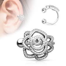 Brass Rose With Paved Beads Non-Piercing Ear Cuff