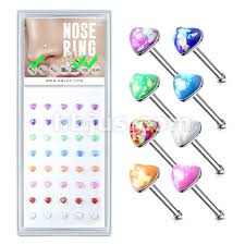 Opal Glitter Heart Top 316L Surgical Steel Nose Stud Rings Pack. ( x