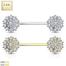 14KT Gold Triple Tiered CZ Flower 14K Gold Nipple Bar