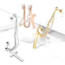 Double Chain Linked Crystal Set Cartilage Barbells with Cross Dangle...