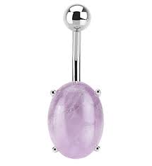 316L Surgical Steel Prong Set Oval Amethyst Semi Precious Stone Navel Ring