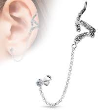 316L Surgical Steel Snake Design with Clear CZ Stud Chain Earring...
