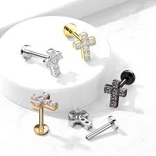 6 CZ Cross Top With Internally Threaded All316L Surgical Steel Flat...