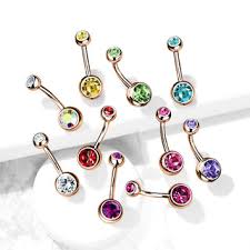 Double Gemed Basic Navel Ring Rose Gold IP Over 316L Surgical Steel