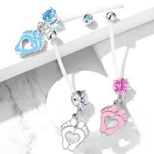 Double Jeweled Prong Set Round CZ with Heart Baby Feet Dangle Pregnancy...