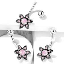 316L Surgical Steel Pink Opalite Crystal Paved Flower 316L Surgical...