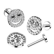 CZ Paved Smiley Face With Black CZ Eyes on Internally Threaded 316L...