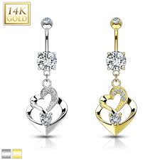 14KT Gold Double Heart Dangle with CZ 14KT Gold Dangle Navel Ring