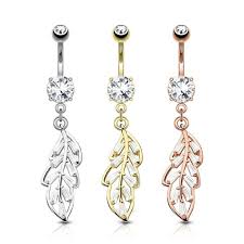 Pack CZ Paved Leaf Dangle 316L Surgical Steel Belly Button Navel Rings