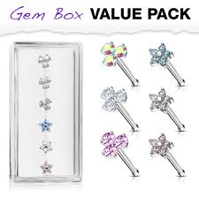 Three Prong Set Round CZ Triangle and Five CZ Flower Top 316L Surgical Steel 20ga Nose Stud Rings Gem Box