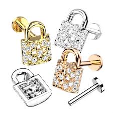CZ Paved Lock Top on Internally Threaded 316L Surgical Steel Flat Back...